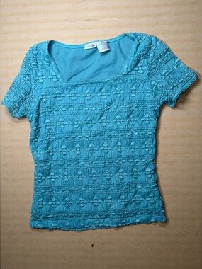East 5th Teal Short-Sleeve Lace-Texture Top